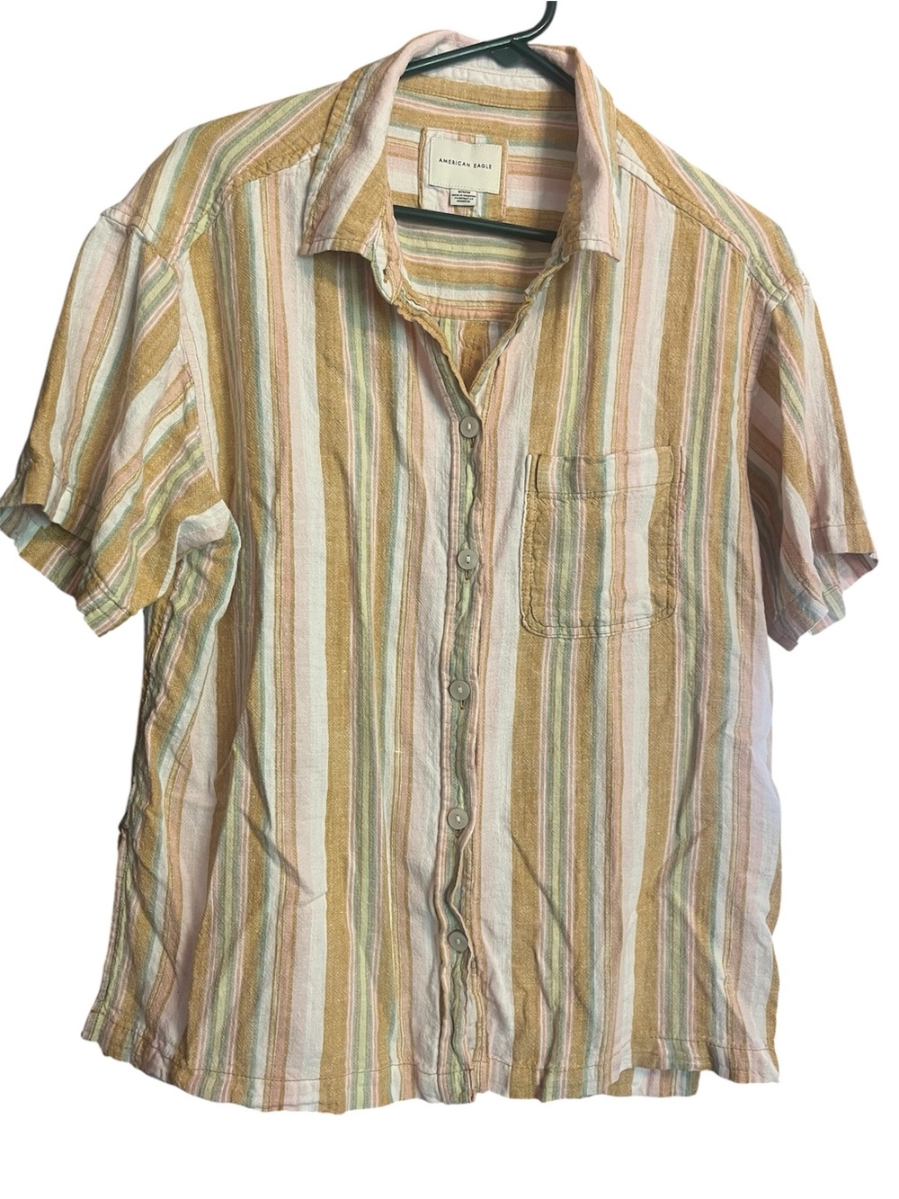Woman’s American Eagle Oversized Boyfriend Resort shirt button linen blend Med